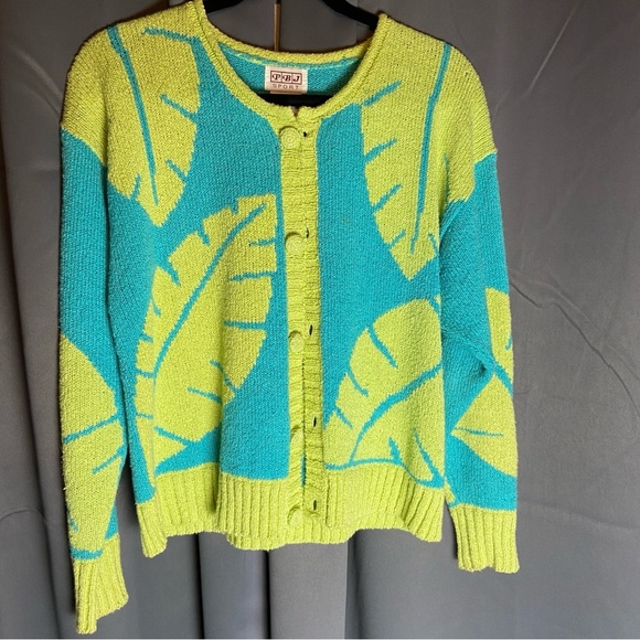 Vintage PBJ Sport Leaf Patterned Green and Blue‎ Cardigan Sweater Size Medium - Picture 3 of 6